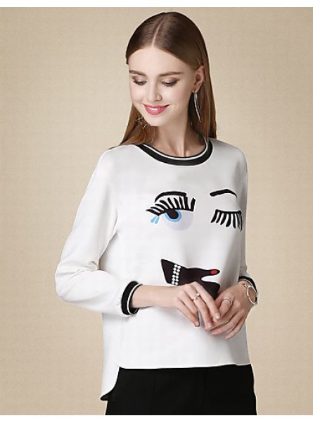 Women's Casual/Daily Cute Fall T-shirtPrint Round Neck Long Sleeve White Cotton Medium