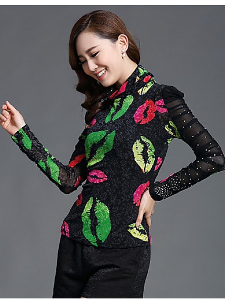 Fall Spring Going out Casual Plus Size Women's Tops Turtleneck Long Sleeve Printing Slim Blouse Black