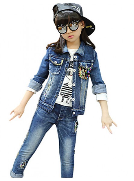 Girl's Cotton Spring/Autumn Casual Patchwork Paillette Cowboy Jacket Denim Coat And Jeans Pants Two-piece Set  