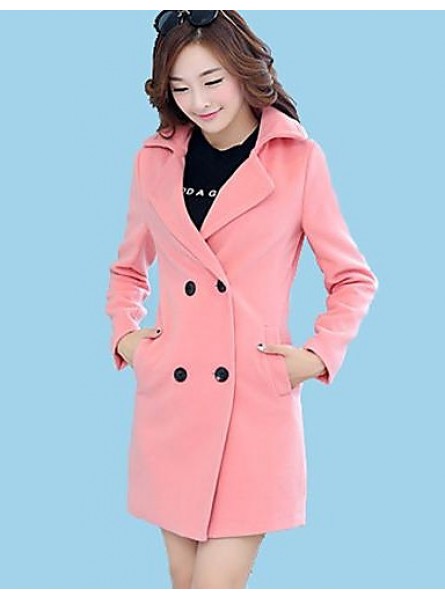 Women's Coat,Solid Long Sleeve Winter Pink / Red / Green Wool Medium