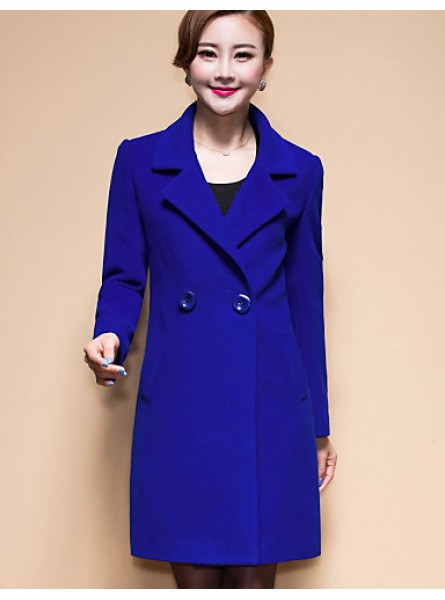 Women's Coat,Solid / Patchwork Peaked Lapel Long Sleeve Winter Blue / Black / Yellow Wool / Others Thick