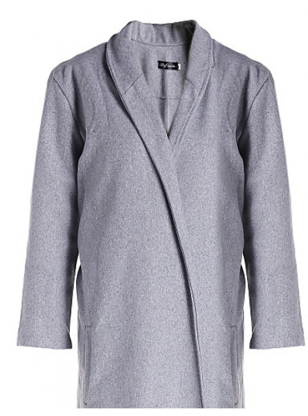 Women's Coat,Solid Shirt Collar Long Sleeve Winter Gray Wool Opaque