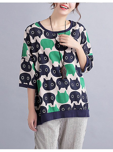 Women's Casual/Daily Cute / Street chic Spring / Fall T-shirt Print Round NeckSleeve Green Cotton / Linen Medium