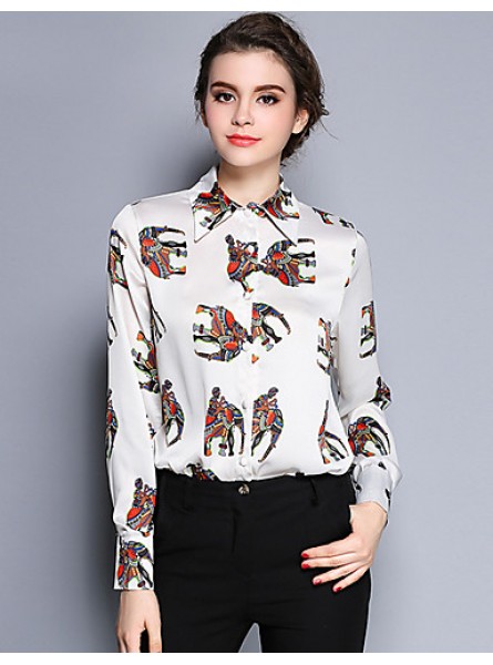 Women's Work Vintage Spring ShirtAnimal Print Shirt Collar Long Sleeve Red /