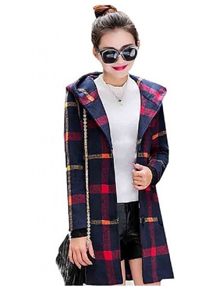 Women's Going out Cute Preppy Style Coat,Plaid Hooded Long Sleeve Winter Blue