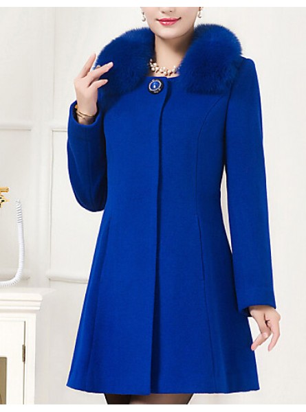 Women's Plus Size Coat,Solid Shirt Collar Long Sleeve Winter Blue / Black Wool / Others Thick