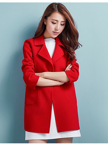 Women's Casual/Daily Simple Coat,Solid Notch Lapel Long Sleeve Winter Blue / Pink / Red Polyester Medium