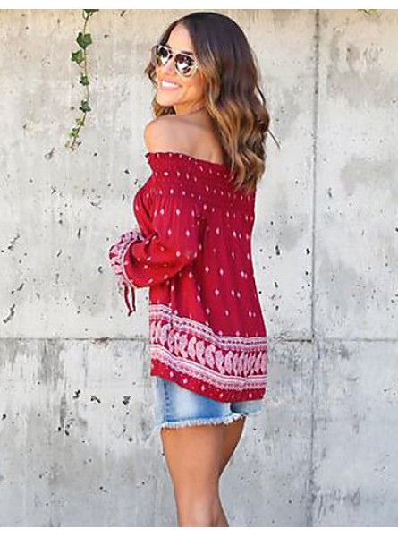 Women's Casual/Daily Sexy / Street chic Backless Bandage Spring / Fall T-shirt Print Boat Neck Long Sleeve Red