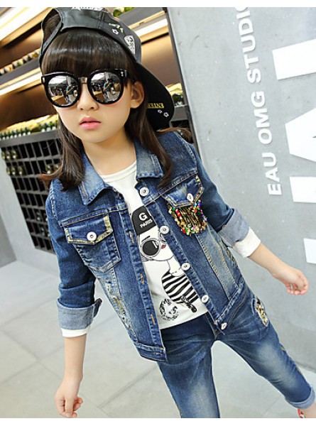 Girl's Cotton Spring/Autumn Casual Patchwork Paillette Cowboy Jacket Denim Coat And Jeans Pants Two-piece Set  