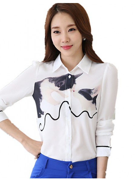 Women's Wild Cartoon Cat Print Plus Size Long Sleeve Chiffon Shirt