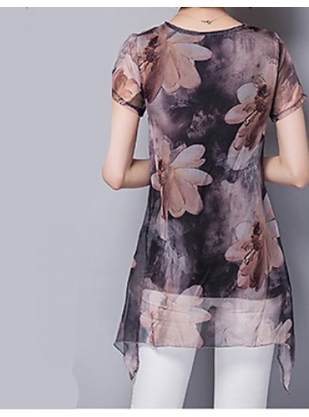 Women's Going out / Casual/Daily Street chic ,Print Round Neck Short Sleeve Brown Polyester Thin