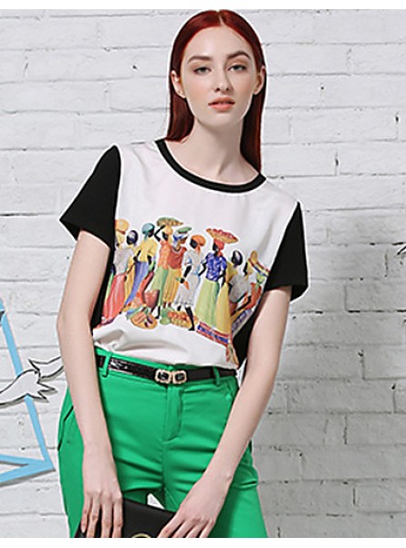 Women's Casual/Daily Vintage Summer T-shirtPrint / Color Block Round Neck Short Sleeve