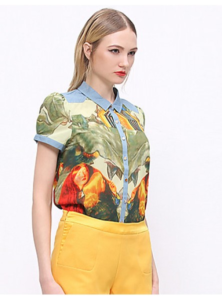 Women's Going out Vintage Summer ShirtPrint Shirt Collar Short Sleeve Blue / Green Cotton / Polyester Opaque