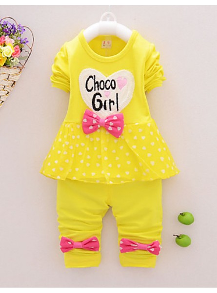 Girl's Cotton Spring/Autumn Casual Bowknot Cartoon Patchwork Long Sleeve T Shirt And Pants Two-piece Set  