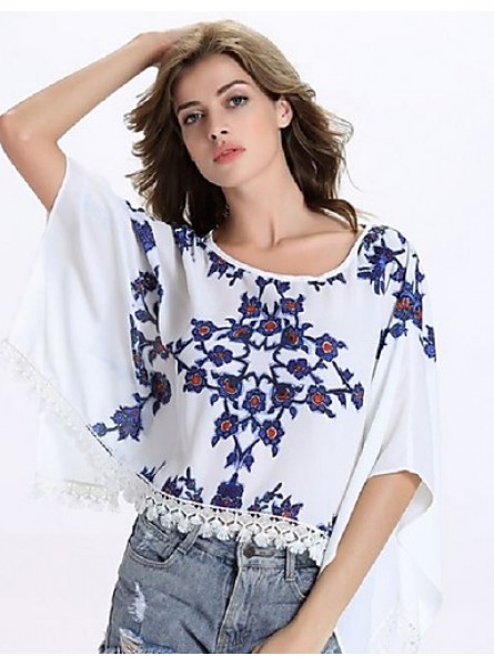 Women's Causal Loose Print Round Neck Lace Big Sleeve Blouse