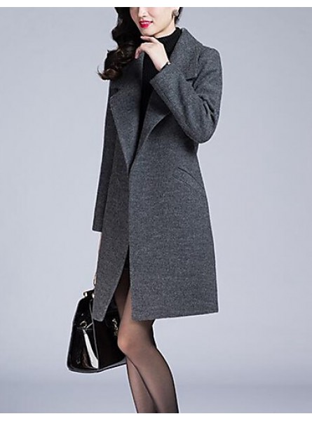 Women's Party/Cocktail / Plus Size Street chic Pea Coats,Solid Shirt Collar Long Sleeve Winter Gray Faux Fur / Cotton Thick