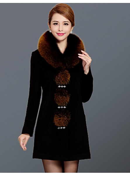 Women's Plus Size / Casual/Daily Simple Coat,Solid Round Neck Long Sleeve Winter Red / Black Wool / Faux Fur Thick