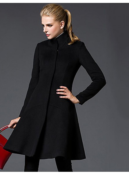 Women's Going out Sophisticated Coat,Solid Stand Long Sleeve Winter Red / Black Wool Medium