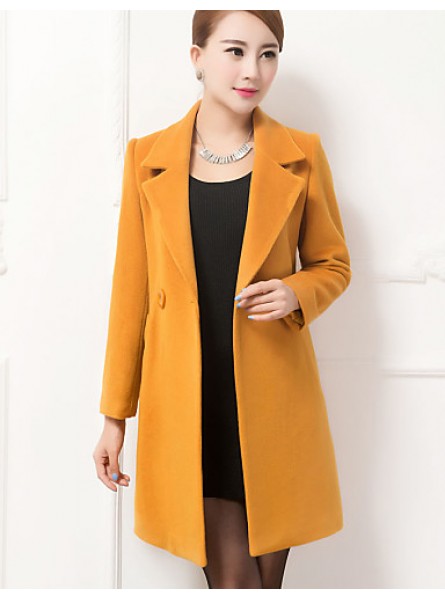 Women's Coat,Solid / Patchwork Peaked Lapel Long Sleeve Winter Blue / Black / Yellow Wool / Others Thick