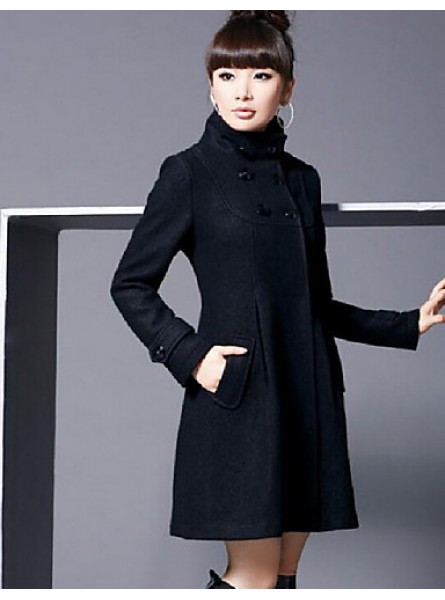 Women's Coat,Solid Long Sleeve Winter Blue / Pink / Black / Gray Wool / Cotton / Others Thick