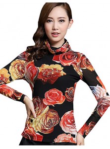 Spring/Fall Women's Casual/Daily Tops Turtleneck Long Sleeve Fashion Floral Printing Gauze Blouse Shirt