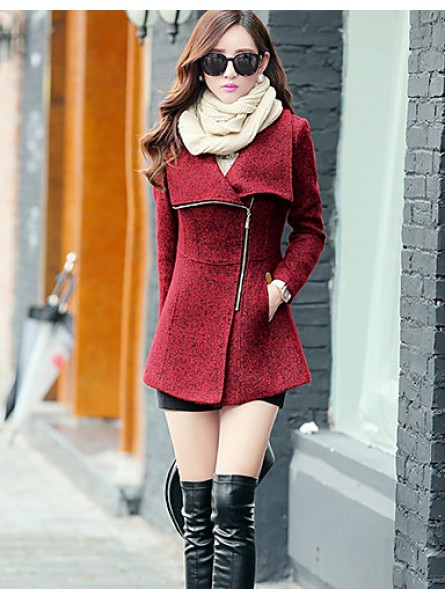 Women's Coat,Solid Long Sleeve Winter Red / Gray Wool / Others Thick