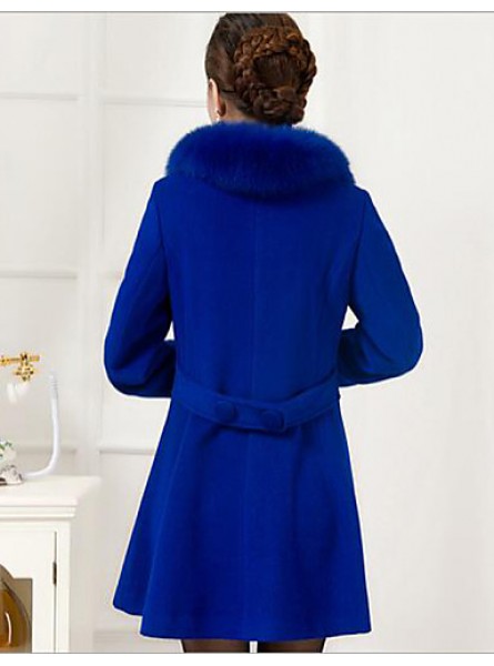 Women's Plus Size Coat,Solid Shirt Collar Long Sleeve Winter Blue / Black Wool / Others Thick