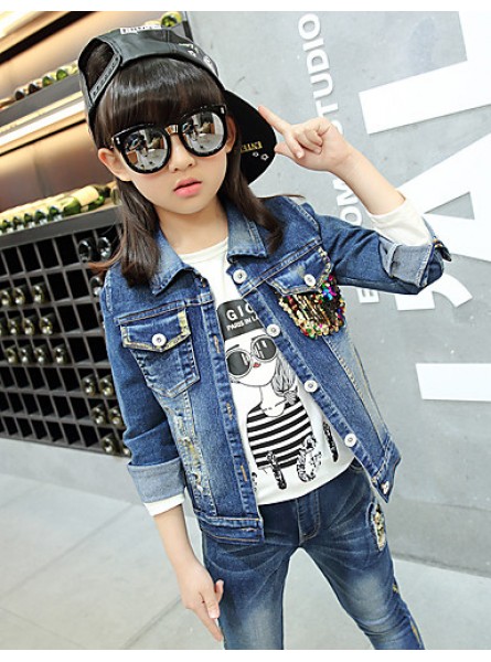 Girl's Cotton Spring/Autumn Casual Patchwork Paillette Cowboy Jacket Denim Coat And Jeans Pants Two-piece Set  