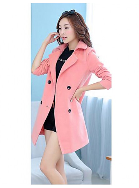 Women's Coat,Solid Long Sleeve Winter Pink / Red / Green Wool Medium