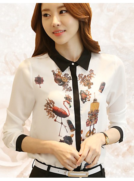 Women's Wild Commuter Contrast Color Stitching Print Long Sleeve Chiffon Shirt