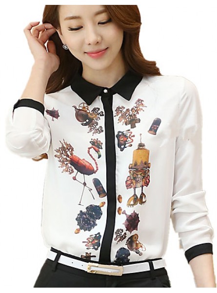 Women's Wild Commuter Contrast Color Stitching Print Long Sleeve Chiffon Shirt