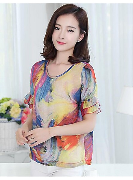 Women's Casual/Daily Sexy Summer / Fall Blouse,Print Round Neck Short Sleeve Blue Polyester Medium