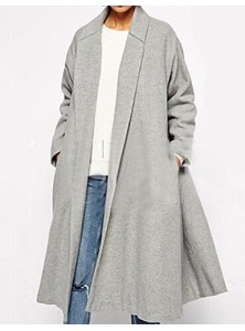 Women's Coat,Solid Shirt Collar Long Sleeve Winter Gray Wool Opaque