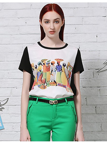 Women's Casual/Daily Vintage Summer T-shirtPrint / Color Block Round Neck Short Sleeve