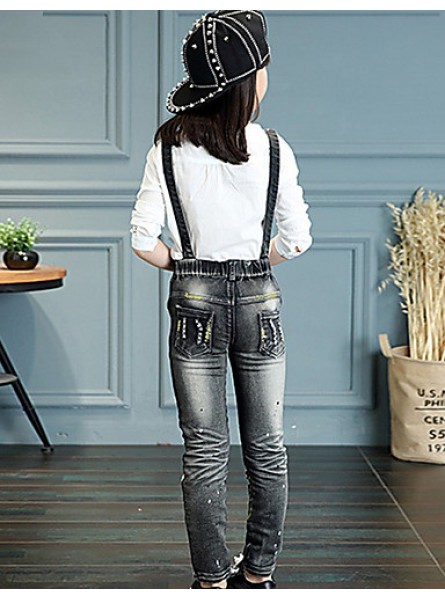 Girl's Cotton Spring/Autumn Fashion Print Jeans Pants Suspender Trousers Patchwork Solid Color Overalls  