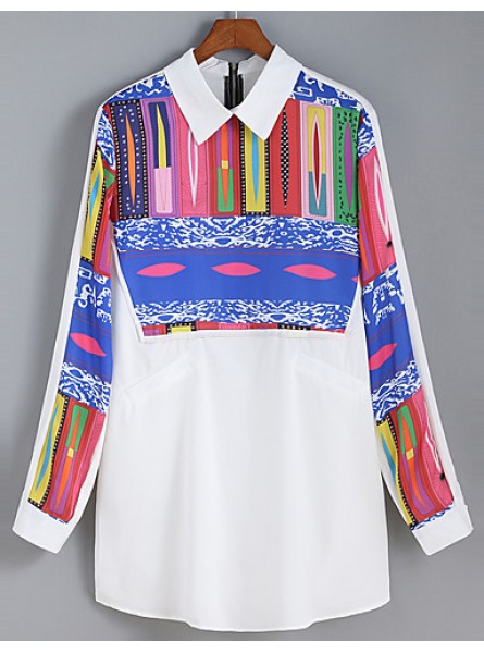 Women's Casual/Daily Vintage All Seasons ShirtPrint Shirt Collar Long Sleeve White Polyester Medium