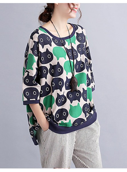 Women's Casual/Daily Cute / Street chic Spring / Fall T-shirt Print Round NeckSleeve Green Cotton / Linen Medium