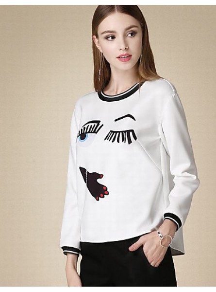 Women's Casual/Daily Cute Fall T-shirtPrint Round Neck Long Sleeve White Cotton Medium