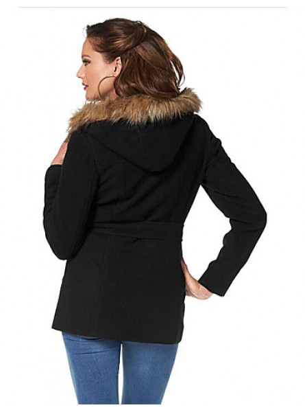 Women's Casual/Daily Vintage Coat,Solid Hooded Long Sleeve Winter Black Rayon Opaque