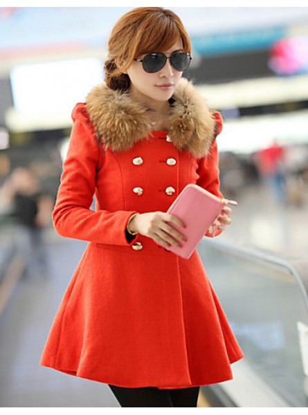 Women's Vintage Coat,Solid Shirt Collar Long Sleeve Winter Red / Black / Orange Wool / Others Thick