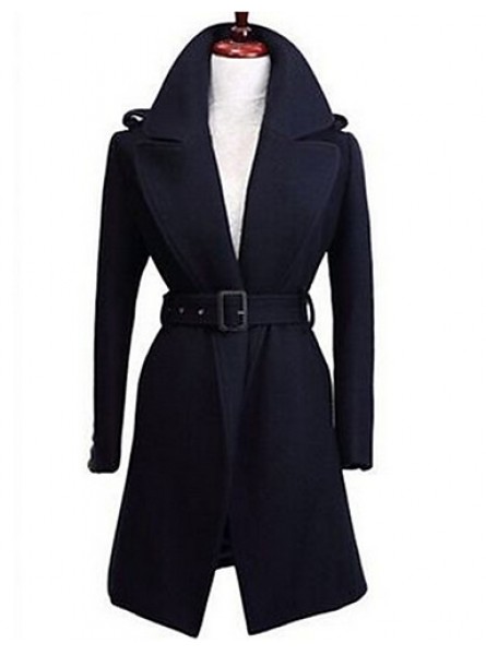 Women's Formal Simple Coat,Solid Shirt Collar Long Sleeve Winter Blue / Black Wool Thick