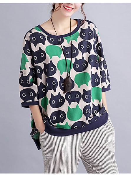 Women's Casual/Daily Cute / Street chic Spring / Fall T-shirt Print Round NeckSleeve Green Cotton / Linen Medium