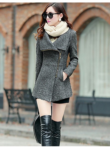 Women's Coat,Solid Long Sleeve Winter Red / Gray Wool / Others Thick