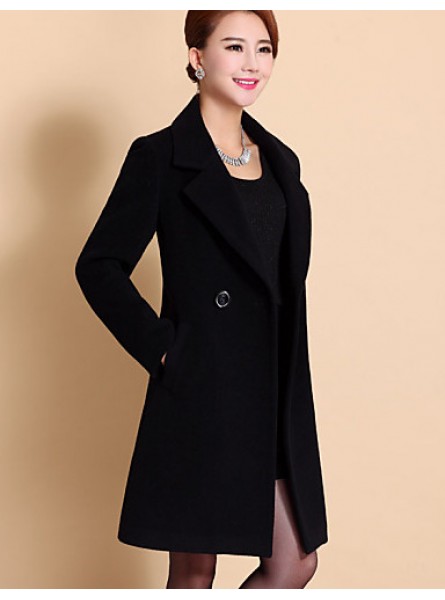 Women's Coat,Solid / Patchwork Peaked Lapel Long Sleeve Winter Blue / Black / Yellow Wool / Others Thick