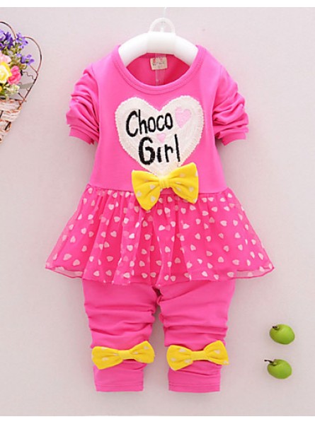 Girl's Cotton Spring/Autumn Casual Bowknot Cartoon Patchwork Long Sleeve T Shirt And Pants Two-piece Set  