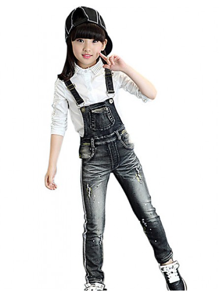 Girl's Cotton Spring/Autumn Fashion Print Jeans Pants Suspender Trousers Patchwork Solid Color Overalls  