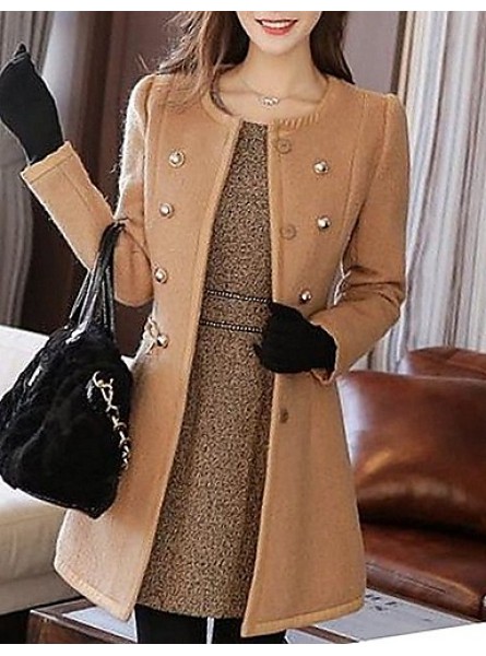 Women's Casual/Daily Simple Coat,Solid Notch Lapel Long Sleeve Winter White / Black / Brown Wool Medium