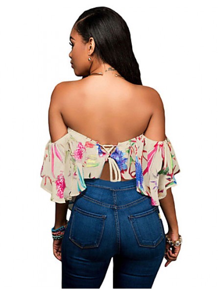 Women's Multicolor Print Off Shoulder Apricot Crop Top