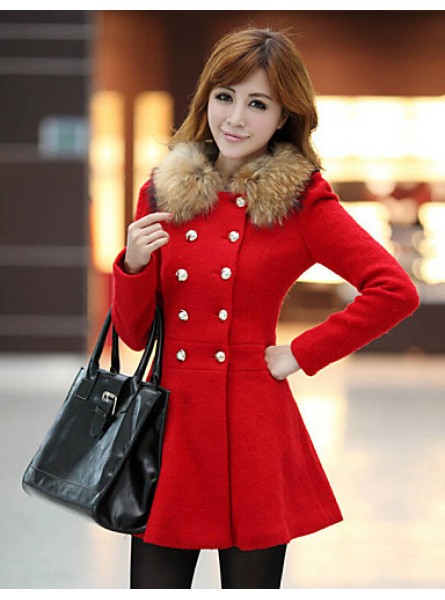 Women's Vintage Coat,Solid Shirt Collar Long Sleeve Winter Red / Black / Orange Wool / Others Thick