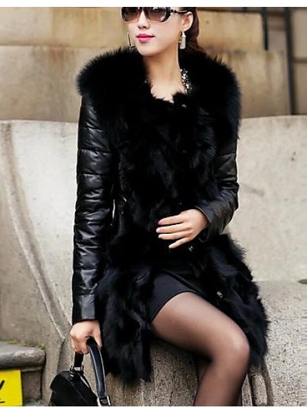 Women's Winter Fox Fur Leather Coat